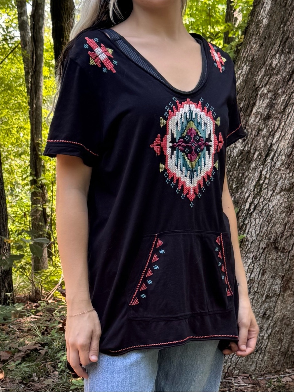 Johnny Was Black Embroidered Short-Sleeve Knit Top